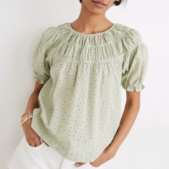 Madewell Tops - Madewell Daisy Embroidered Shirred Puff-Sleeve Top Sunfaded Mint Size Small